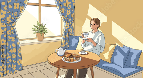 A serene morning coffee and pastry in a sunlit corner filled with coziness