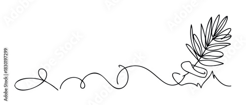 Minimalist continuous line drawing of a delicate botanical branch with leaves, perfect for elegant branding, invitations, and nature inspired graphic projects.