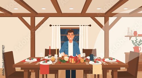 Festive family gathering with a joyous man preparing the Christmas table