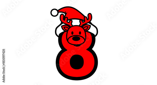 A festive red number 8 adorned with a cartoon reindeer wearing a Santa hat.