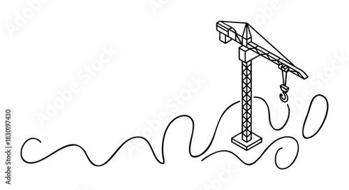 Isometric outline drawing of a construction crane with flowing lines representing movement or materials, perfect for depicting industry, engineering, or development projects.