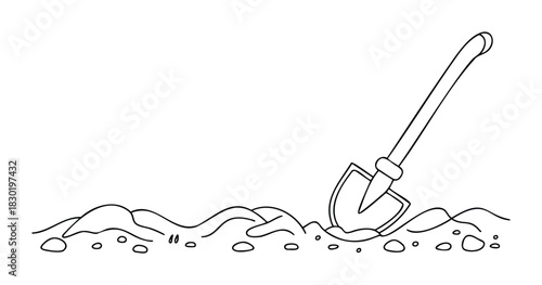 Black and white line drawing of a shovel digging into dirt and small rocks, perfect for gardening or construction concepts and design projects.