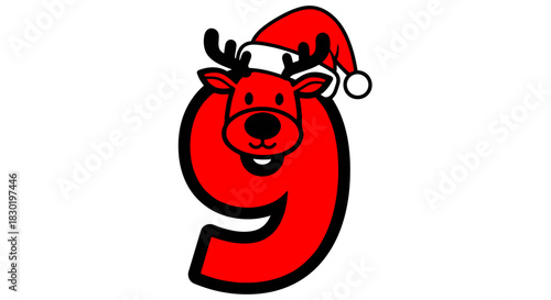 Red number nine adorned with a cute cartoon reindeer face and a festive Santa hat, perfect for Christmas designs.