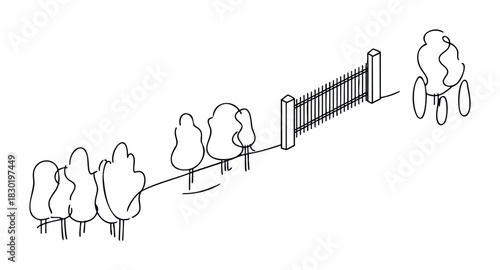 Simple line drawing of trees, a fence, and a figure, perfect for conceptual use in landscape, nature, or journey related projects.