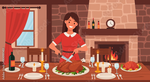 Festive holiday: woman carving roasted turkey in cozy home with vintage decor