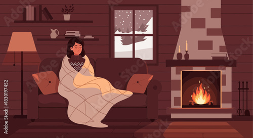 Winter Warmth: A Cozy Cabin Scene of Relaxation by the Fireplace