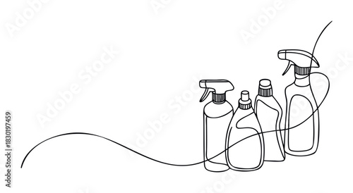 Continuous line drawing of assorted cleaning spray bottles and containers for household chores and sanitation, suitable for use in home maintenance or hygiene related projects.