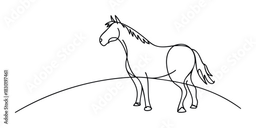 Elegant line drawing of a majestic horse standing on a rolling landscape, perfect for equinethemed branding and equestrian products.