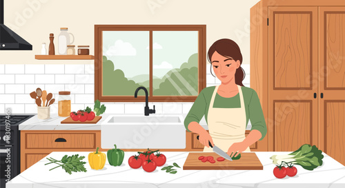 Woman preparing healthy meal in a bright kitchen with fresh vegetables and herbs