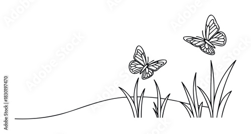 Delicate line art depicts two butterflies gracefully flying over lush grass, perfect for nature inspired themes and springtime celebrations.