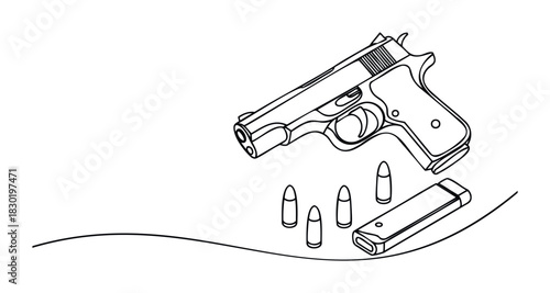 A detailed line drawing of a handgun with bullets and a magazine, perfect for use in safety campaigns or instructional materials about firearm components.