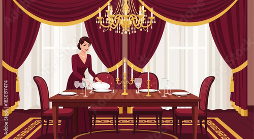 Elegant dining room scene with woman setting table for a formal occasion