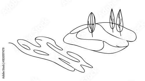 Abstract flowing lines forming organic shapes resembling leaves and hills with trees, evoking nature and organic forms for various graphic and decorative uses.