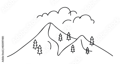 Simple outline of mountain peaks with evergreen trees and clouds, perfect for nature themes, outdoors, travel, and adventure concepts on websites and presentations.
