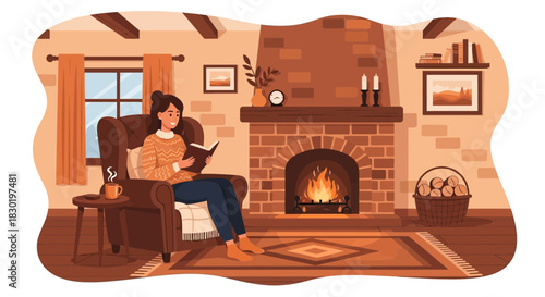 Cozy relaxation: Woman enjoying a book by the crackling fireplace at home