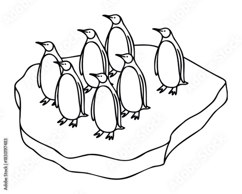 Several cute penguins standing on a piece of ice, perfect for illustrating themes of nature, wildlife, and the cold environment in publications and presentations.