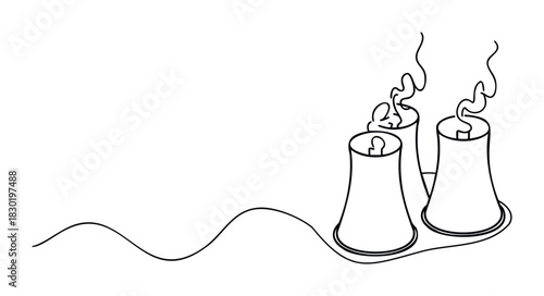 Abstract line art depiction of cooling towers from a power plant emitting steam, suitable for themes of energy production and industry visualization.