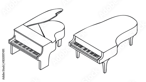 Two line art grand pianos viewed from an isometric perspective, perfect for music education materials, event promotion, or visual branding related to classical music and performance.