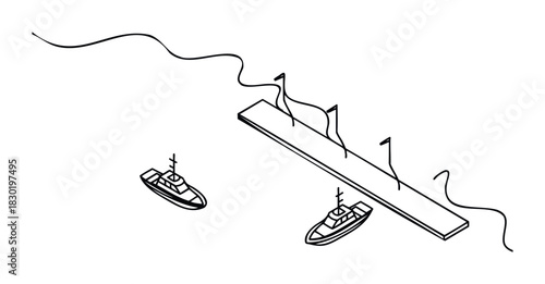 Simple line drawing showing two tugboats near a pier with ropes and mooring lines, ideal for maritime themes and nautical concepts in graphic projects.