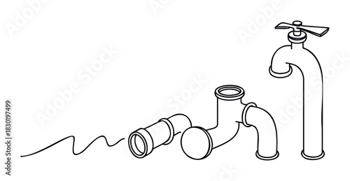Plumbing pipe fittings and tap components shown in line drawing style for repair and construction concepts, ideal for DIY and home improvement websites.