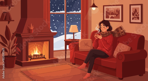 Cozy winter scene: Woman relaxing by the fireplace with hot drink