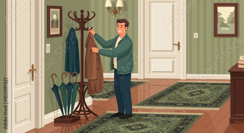 Illustrative scene of a man arriving home, placing his coat on a coat rack