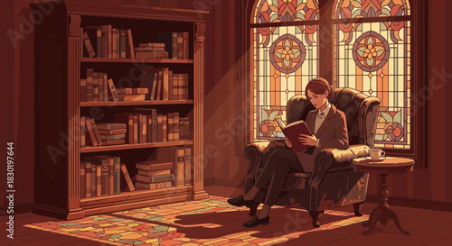 Tranquil afternoon reading session in a library filled with sunlight and stained glass
