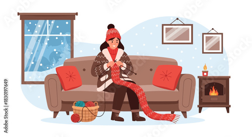 Cozy Winter Day: Woman Knitting a Scarf by the Fireplace Indoors Depiction