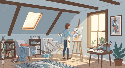 Artist's creative haven: Capturing inspiration in a serene attic studio space
