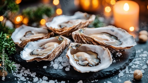 Fresh oysters on a slate plate, festive lighting