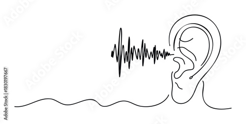 Abstract line drawing of a human ear receiving a sound wave, representing hearing and auditory perception, ideal for concepts of communication and sound.