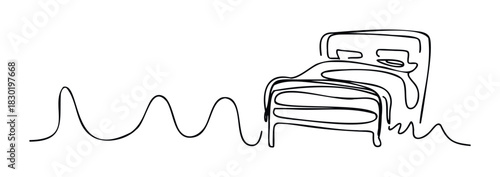 Minimalist single line drawing of a bed with a waveform suggesting dreams or sleep patterns, perfect for wellness and sleeprelated media.
