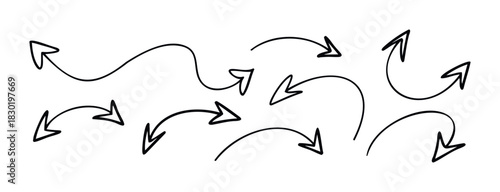 Collection of hand drawn arrows with different shapes and directions for use in presentations and graphic projects pointing towards various concepts and ideas