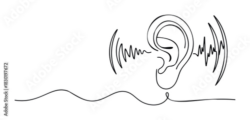 Abstract line drawing of an ear receiving sound waves, symbolizing audio reception and communication, perfect for health and technology themes.
