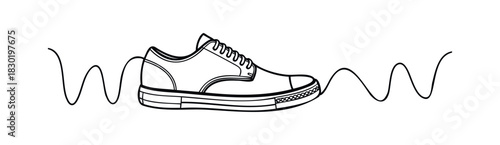 A simple black line drawing of a canvas shoe with a wavy line motif extending from either side, perfect for representing movement, travel, or active lifestyles in web and print media.