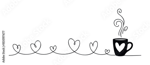 Whimsical continuous line drawing of a coffee cup with hearts and steam, perfect for greeting cards, invitations, and cozy beverage themes