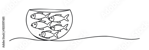 Simple line drawing of a fishbowl filled with several fish swimming together, perfect for concepts of community, togetherness, or aquatic life in a graphic context.