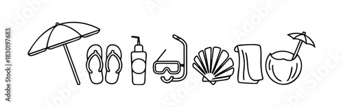 Summer vacation icons including beach umbrella flip flops sunscreen snorkel mask shell towel and coconut drink for travel and leisure concepts