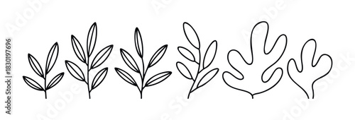 Collection of simple hand drawn leaf outlines and abstract organic shapes symbolizing nature and growth for graphic projects and decorative applications.