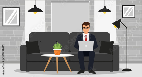 Illustrated professional telecommuting from a minimalist apartment setting