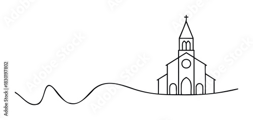 Minimalist line drawing of a church with a cross on top, featuring arched doorways and a round window, on rolling hills, symbolizing faith and community for religious themes.