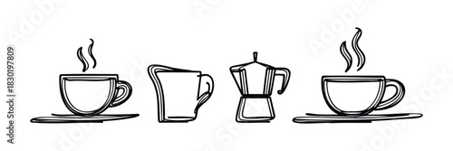 Simple black line drawings of coffee cups and a moka pot with steam, perfect for cafe menus, beverage promotions, and breakfast branding projects.