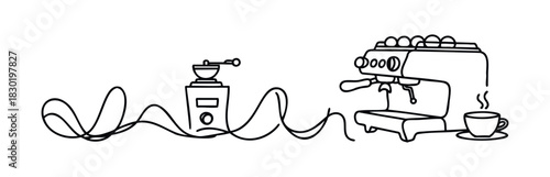 Line art of a coffee grinder and espresso machine with a steaming cup of coffee for cafe or beverage concepts