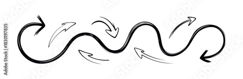 Collection of black hand drawn arrows and curved lines indicating direction and movement, perfect for infographics and presentations conveying flow or process.
