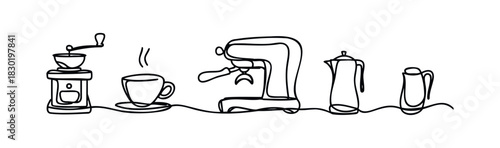 Continuous line drawing of coffee making equipment including a grinder, cup, espresso machine, and teapots ideal for cafe or kitchen themes