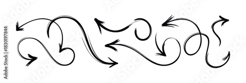 Set of varied hand drawn black arrows in a whimsical sketchy style, perfect for pointing out information or directions on a web page or in a presentation.