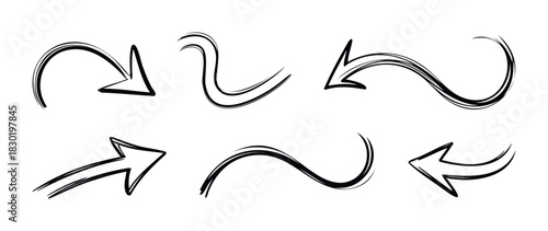 Set of Hand Drawn Black Arrows Showing Different Directions and Curves for Infographics and Presentations on a White Background
