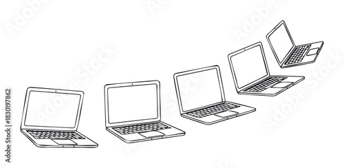 Sequential line art illustration of laptops arranged in an upward curve, representing technology progression or cloud computing for presentations and digital media usage.