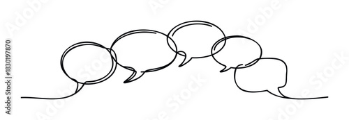 Group of interconnected speech bubbles drawn with a single continuous black line representing conversation and dialogue for communication concepts and ideas.