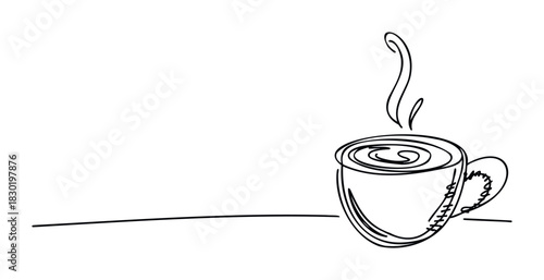 Simple black line drawing of a steaming cup of coffee on a white surface, perfect for cafe menus or morning beverage related designs